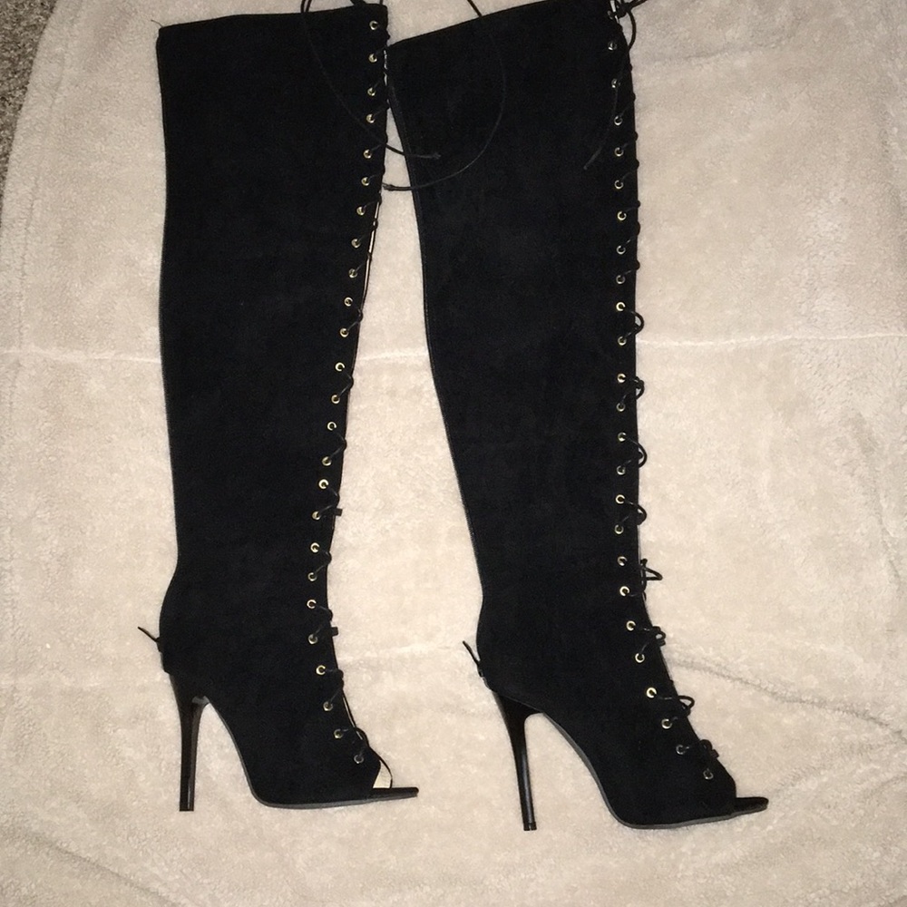 Black Lace Up Thigh High Boots